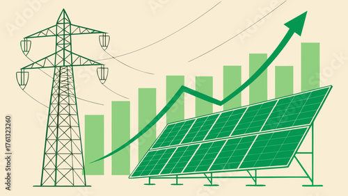 Illustration showing power lines solar panel and a rising graph representing renewable energy growth