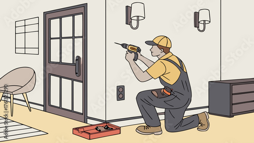 A handyman in overalls using a drill on a wall with lights and an outlet in a room with furniture