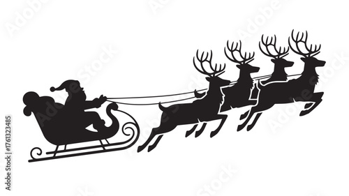 Santa Claus sleigh pulled by four reindeer silhouette Keywords: Santa Claus, sleigh, reindeer