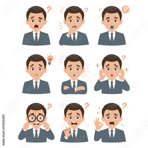 Set of nine cartoon men expressing various emotions and confusion with question marks