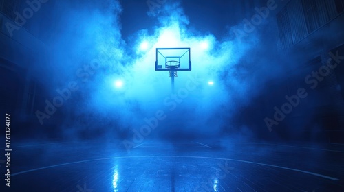 Moody Blue Basketball Court with Dramatic Smoke and Lighting