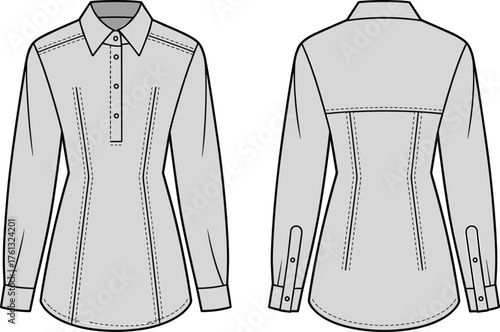 CAD drawing flat vector illustration, long sleeve fitted women shirt technical sketch, button-up blouse design, tailored shirt fashion template