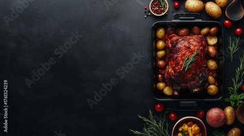 Fototapeta Naklejka Na Ścianę i Meble -  Delicious Roasted Meat with Potatoes and Rosemary