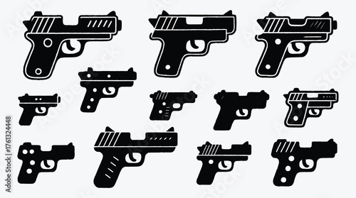 Collection of Black and White Handgun Icons in Varied Styles Designs