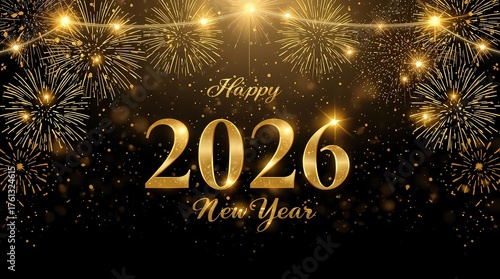 Wallpaper Mural Elegant golden happy new year 2026 celebration with sparkling fireworks on a black background, creating a festive and celebratory atmosphere for the new year Torontodigital.ca