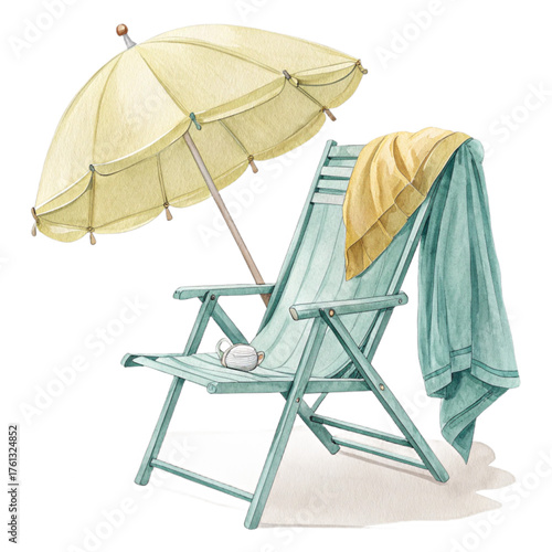Relaxing beach chair with umbrella, perfect for summer vacation ads, travel blogs, and sunny getaway promotions, evoking a sense of calm and carefree leisure
