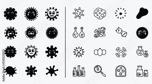 Collection of Virus Bacteria Icons in Black and White Style Illustration