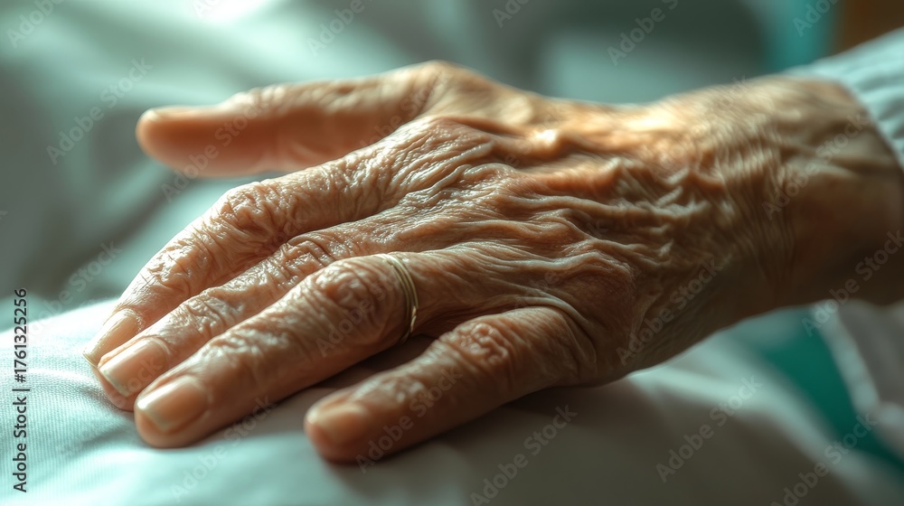 Fototapeta premium mature adultâ€™s wrist and hand close-up, stiffened joints, soft shadows, subtle redness and aging skin details, neutral medical background