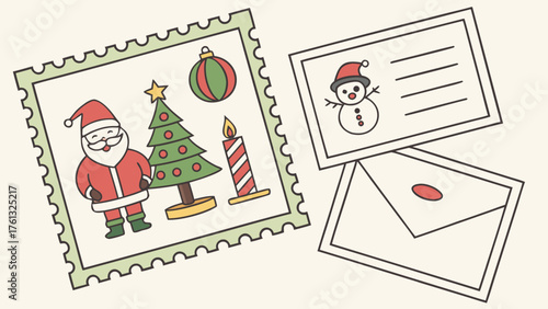 Illustration of a christmas stamp with santa tree ornament and candle next to christmas cards