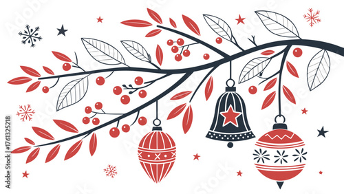 Festive branch with red berries leaves ornaments and snowflakes for christmas holiday decoration art