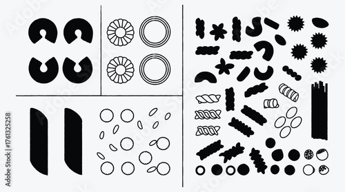 Monochrome Culinary Assortment Variety of Pasta Shapes and Sizes Vector Illustration