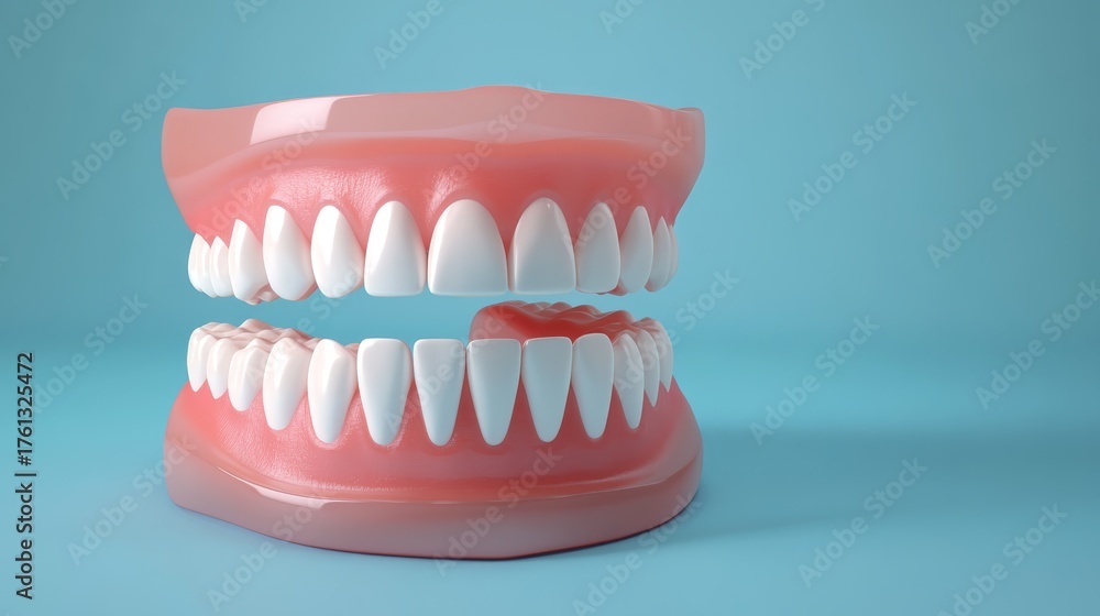 Obraz premium 3D render of human front teeth with visible gum recession, pink gums pulled away from enamel, isolated on medical blue background