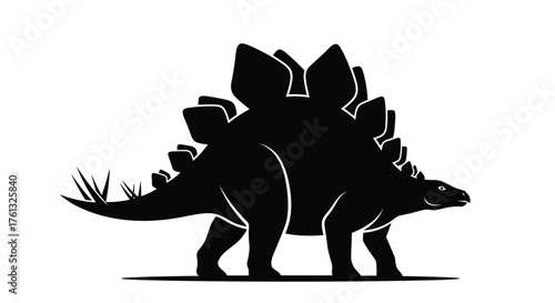 A striking silhouette of a Stegosaurus dinosaur stands tall against a white background, showcasing its distinctive plates and spiked tail.