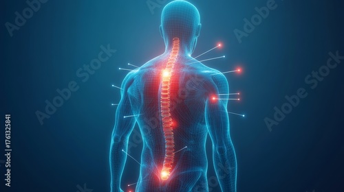 stylized human figure with transparent layers, vivid red glow effect around painful areas, arrows pointing toward localized injury spots, blue-toned background for contrast