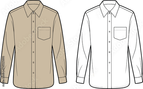 CAD drawing flat vector illustration, long sleeve shirt front view, button down fashion design template, technical apparel sketch, clothing pattern vector