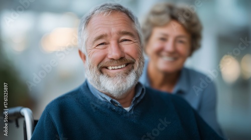 Portrait of a smiling mature gray-haired man in a wheelchair with his caring wife