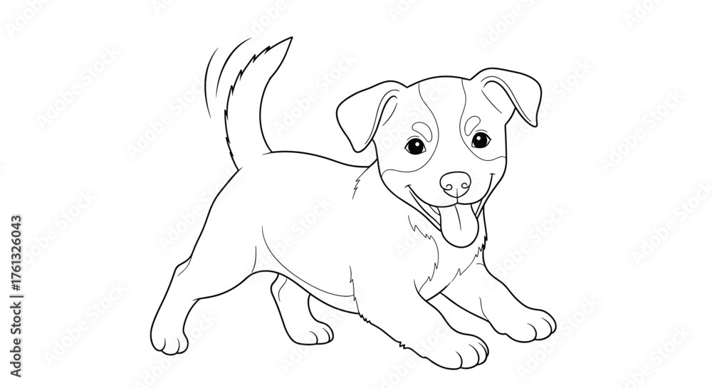 Fototapeta premium A playful puppy with floppy ears and a wagging tail is caught in a moment of energetic joy. Its tongue is lolling out as it looks forward with bright, curious eyes.