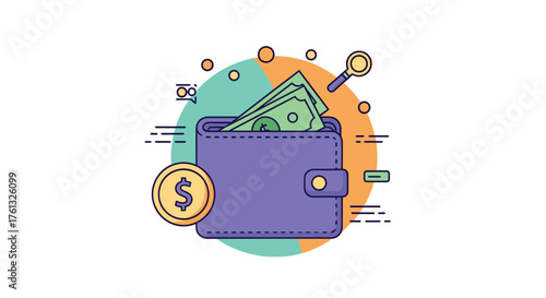 A close up of a purple wallet filled with cash and a coin.