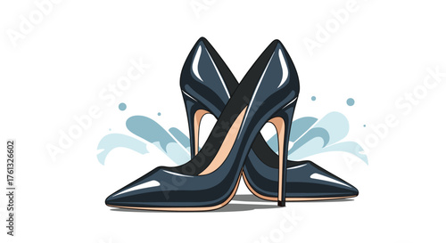 Stylish dark blue pointed toe high heel pumps on a white background with subtle water splashes.