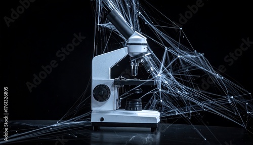 Microscope with digital network overlay on black background.