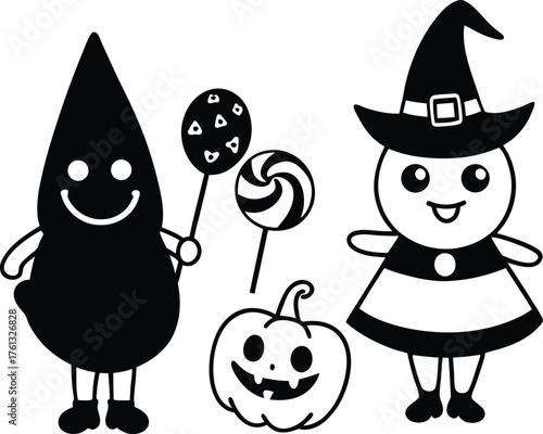 Black and white cartoon Halloween characters and candy