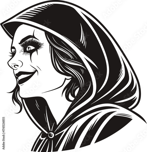 Black and white cartoon illustration of a woman in a hooded cloak