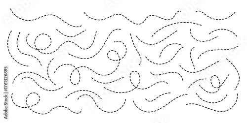 Hand drawn squiggle line. Trip dashed trace destination track path line collection. Long dashed spiral wavy line. Curve dotted line. Border design, traveling symbol, divider element.