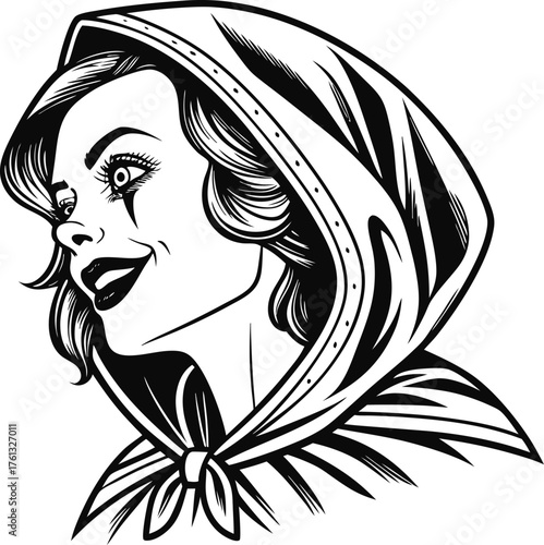 Black and white illustration of a woman in a hooded cloak