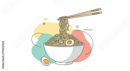 A delicious bowl of noodles served with chopsticks and sliced eggs.