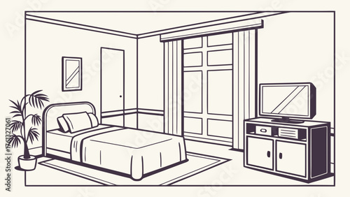 Illustration of a bedroom interior with a bed tv cabinet and a plant in a pot near the bed window view