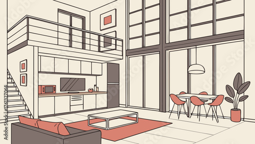 Illustration of a modern living space with a sofa, dining table, and a loft area above the kitchen