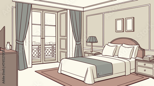 Illustration of a hotel room with a bed, curtains, balcony, and bedside tables with lamps and pictures