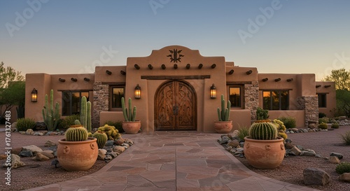 Exterior view features southwest adobe home style with cacti landscape at twilight glow.