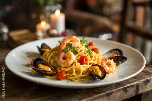 Seafood Spaghetti with Shrimp, Mussels, and Cherry Tomatoes – Gourmet Pasta Dish in Fine Dining Restaurant Setting