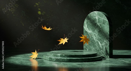 Photorealistic marble showcase with falling autumn leaves creating moody ambience.