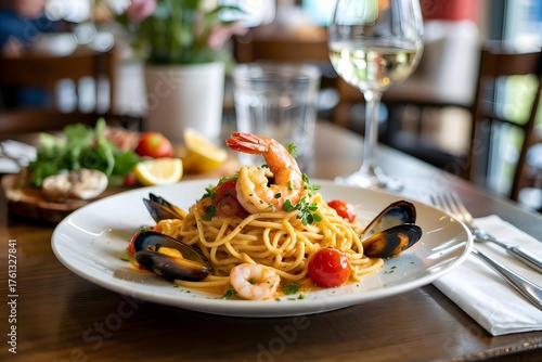 seafood pasta dish gourmet spaghetti plate shrimp and mussels pasta fine dining restaurant meal