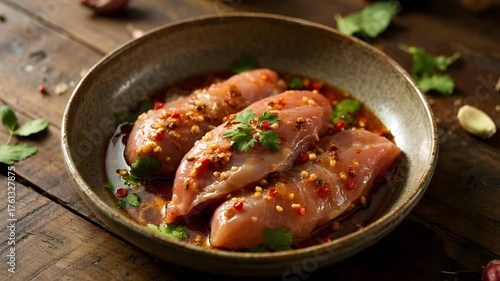 Raw Chicken Breasts Marinated with Chili, Garlic, and Fresh Herbs – Culinary Preparation on Rustic Wooden Table