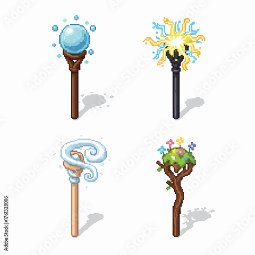 Magical pixel art staves with glowing orbs, lightning, and nature elements