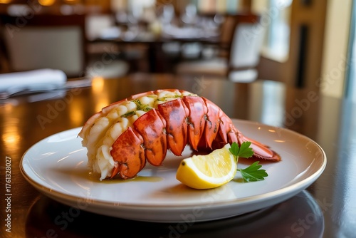 Gourmet Lobster Tail with Lemon and Parsley Garnish – Fine Dining Seafood Presentation in Elegant Restaurant Setting