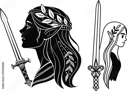 Black and white illustration of two elven profiles with swords