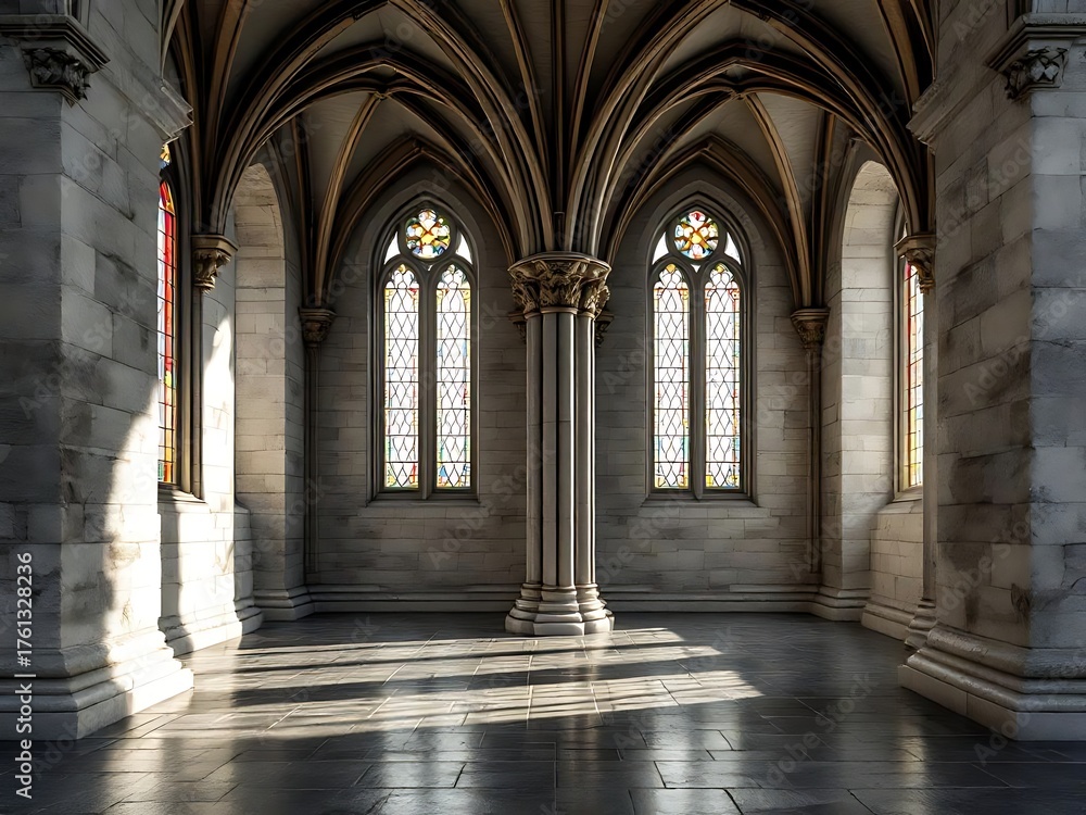 Obraz premium Gothic architecture interior with a central column, vaulted ceiling, and stained glass windows, showcasing symmetrical stone structure and soft daylight