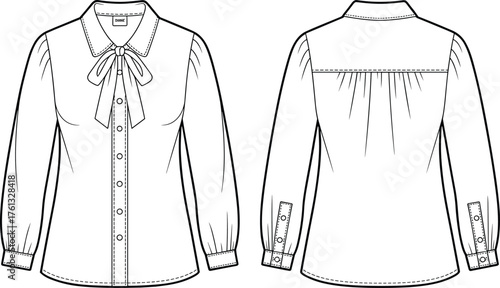 CAD flat fashion vector illustration, women’s long sleeve blouse with bow tie collar, button front, and back yoke