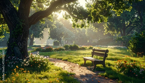 Fototapeta Naklejka Na Ścianę i Meble -  bench in the park with beautiful natural cinematic morning light