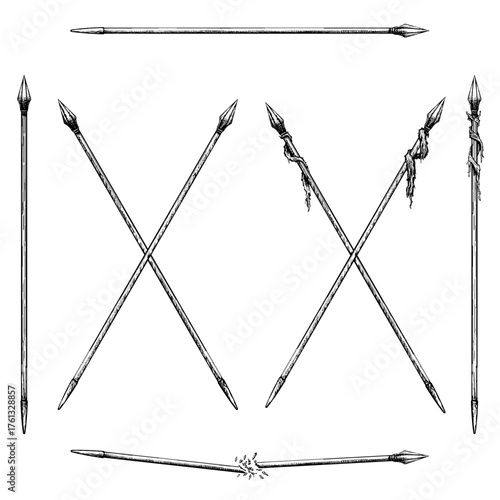 A detailed black and white illustration of old spears, showcasing various designs with worn tips, wrapped handles, and aged textures.