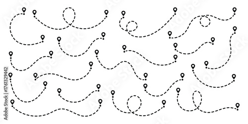 Dotted curved line path pattern vector. Dot line path route travel banner illustration with location map pin icon. Set of Route location icon two pin sign and dotted line. Vector illustration. EPS 10