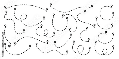 Location icon set. Location pin icon. Dotted path with points. Map address location pointer symbol. Travel vector icon.