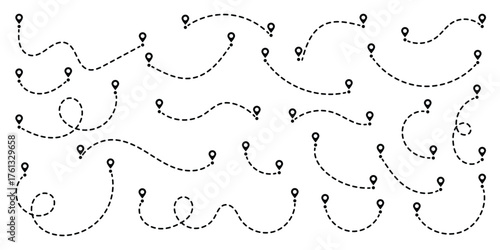 Simple route map icon with location pin. Route dash line with location pin. Route location icon, two pin sign and dotted line road, start and end journey symbol. Vector illustration. EPS 10