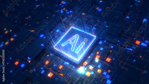 Glowing AI microchip on a digital circuit board background, symbolizing artificial intelligence and futuristic technology. 3d Rendering