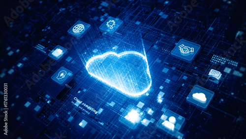 3D render of a glowing cloud icon on digital circuit board background, symbolizing cloud computing, data storage and digital connectivity. Technology abstract background, 3d Rendering