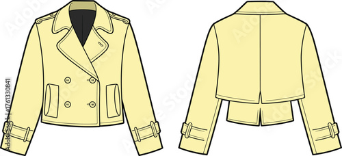 Double breasted cropped jacket flat sketch, trendy women’s outerwear with buckle sleeves and collar, cad drawing flat vector illustration